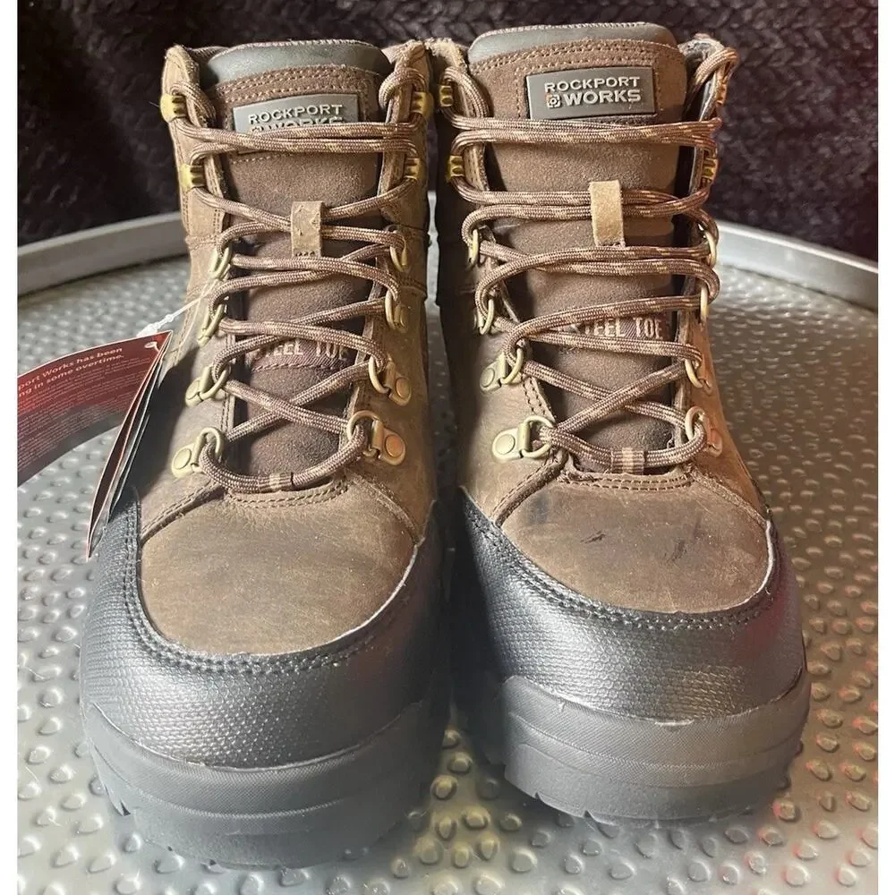 Men's Rockport Work Steel Toe Brown Leather Boots ASTMF2413-11 Size 9W